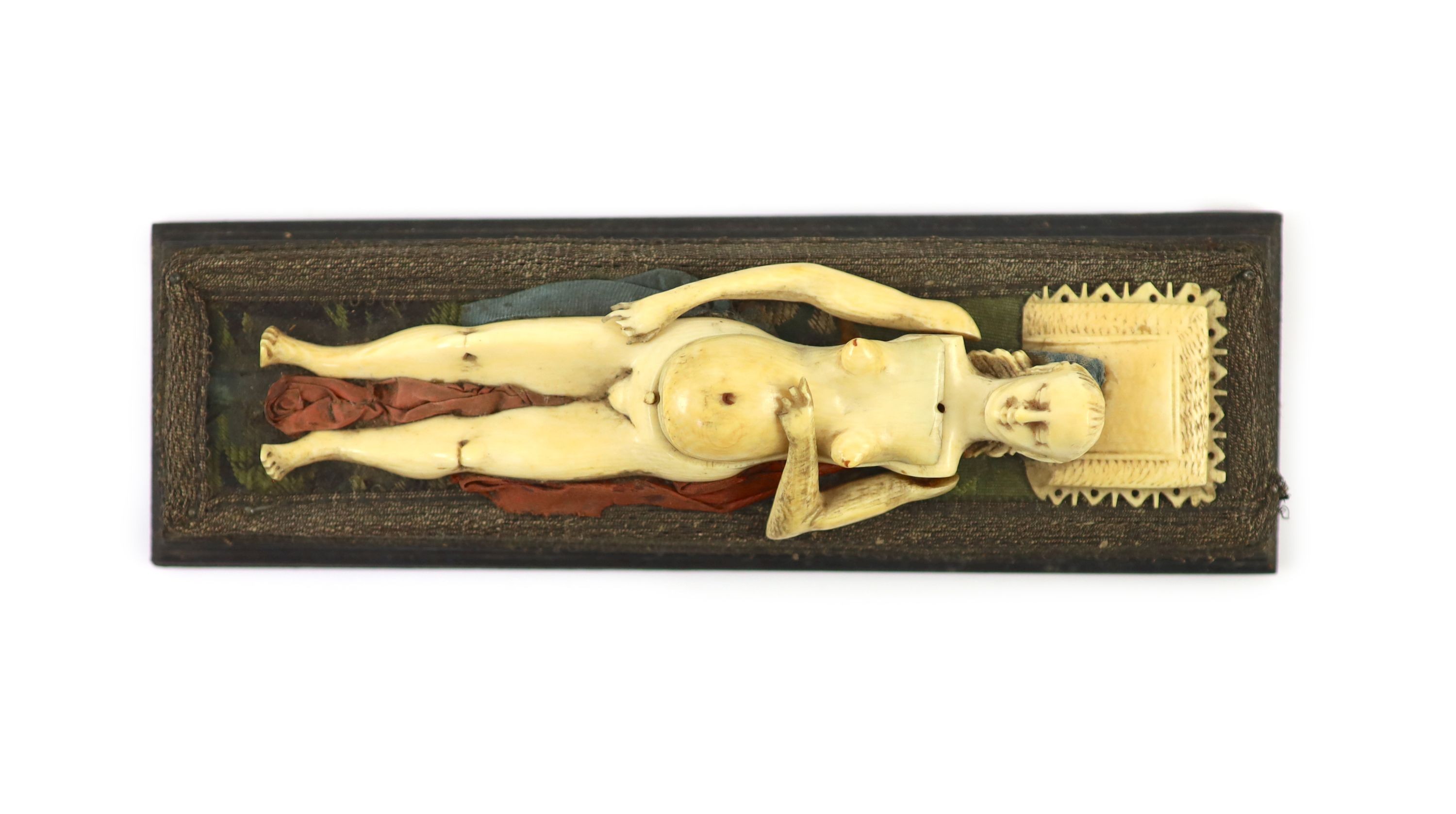 A 17th/18th century Northern European ivory female anatomical figure, probably German Nuremberg in the manner of Stephan Zick (1639-1715) Overall 23 x 7cm.